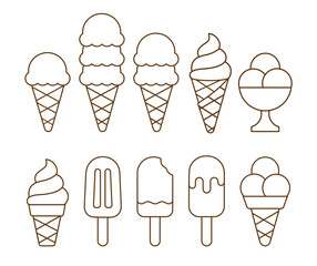 Summer set of flat contour ice cream doodle hand drawn icon, element from simple geometric shapes. Outline drawing gelato in waffle, paper cone, clipart collection on white background. Vector EPS10