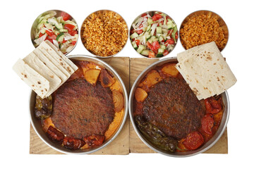 Traditional Hatay Tepsi kebab, isolated on white background
