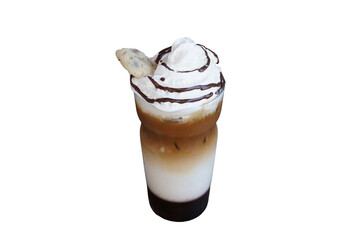 Creamy Coffee with Chocolate Sauce Isolated on White Background. Rich Dessert Beverage