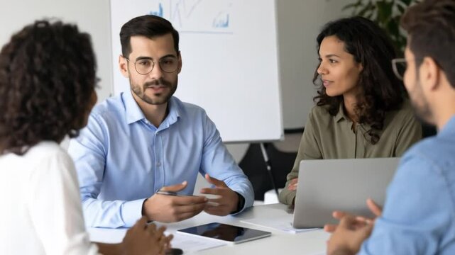 Diverse team in a meeting, discussing ideas around a table