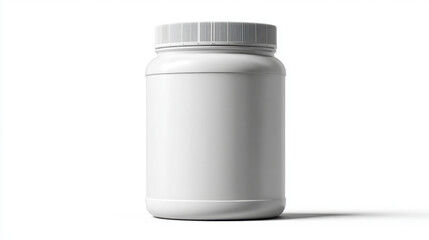 Perfect shot. Front view. Protein powder tub with blank wrap. Isolated white background. 3d illustration. Protein powder tub mockup.
