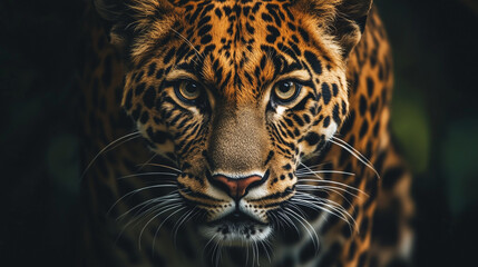 leopard on a black background. portrait of leopard with intense eyes.