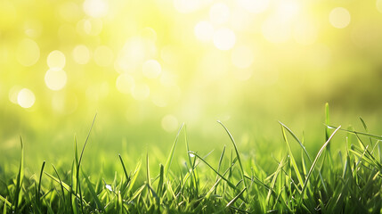 A fresh spring sunny garden background of green grass and blurred foliage bokeh.