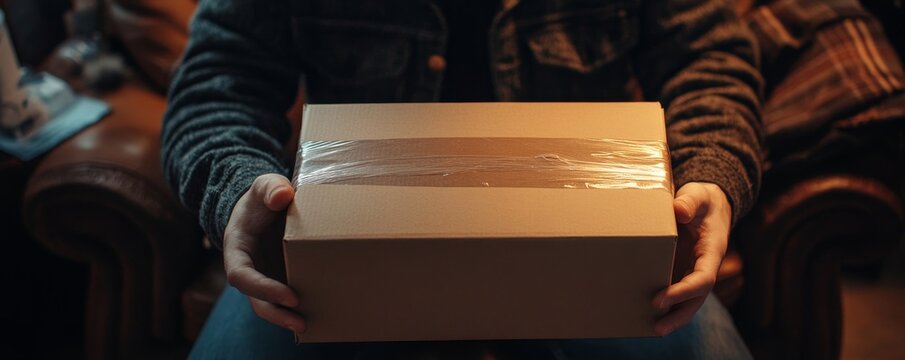 Person unboxing a package from online shopping at home, excited to discover the contents inside., Generative AI