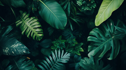 Tropical leaves. Dark botanical background tropical leaves