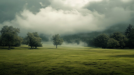green field and blue sky. field and clouds