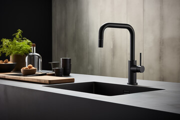 Kitchen island sink with black faucet. This scene is set in a stylish home
