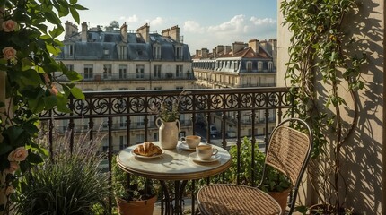 Elegant Parisian balcony breakfast setup with croissants overlooking classic Haussmann architecture