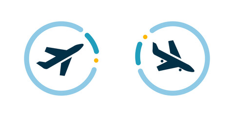 Set of simple vector icons showing airplane departures and arrivals. Includes aircraft taking off and landing. Perfect for airport, travel, and transportation designs.
