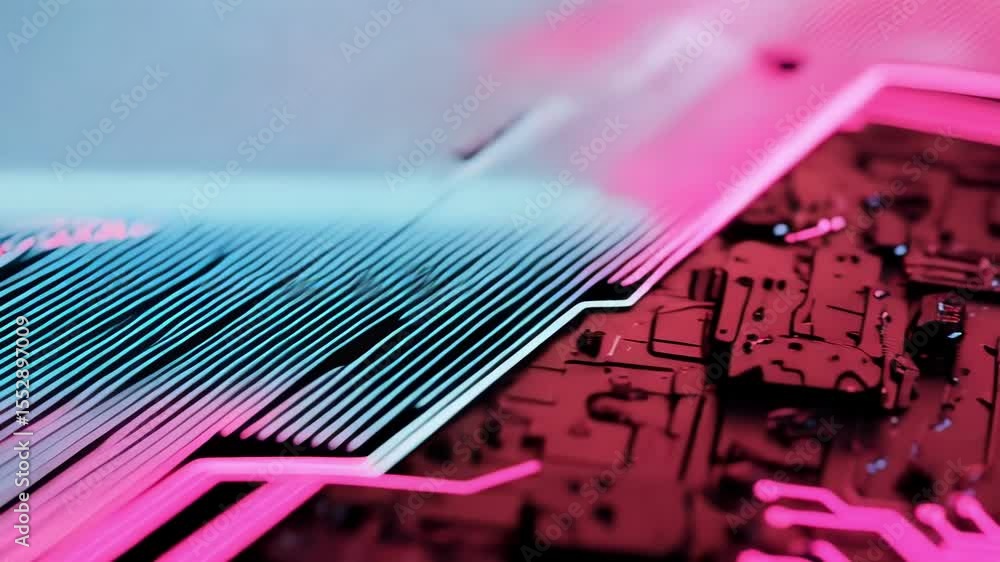 Poster a closeup view of a circuit board with a central processor glowing pink and blue