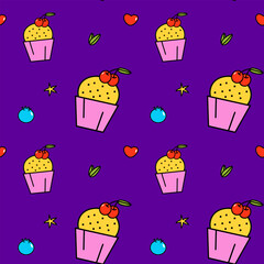 Colorful cupcake pattern with cherries and fruits. Seamless pattern with cute cupcakes, cherries, berries, and stars on a vibrant purple background. Perfect for kids, textiles, or party decor.

