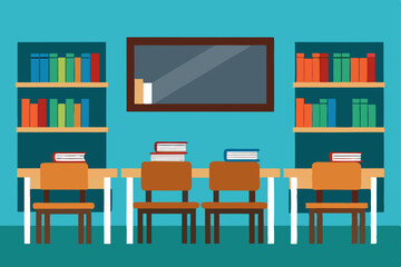 Fototapeta premium Classroom Learning Environment Books, Desks, and a Blackboard