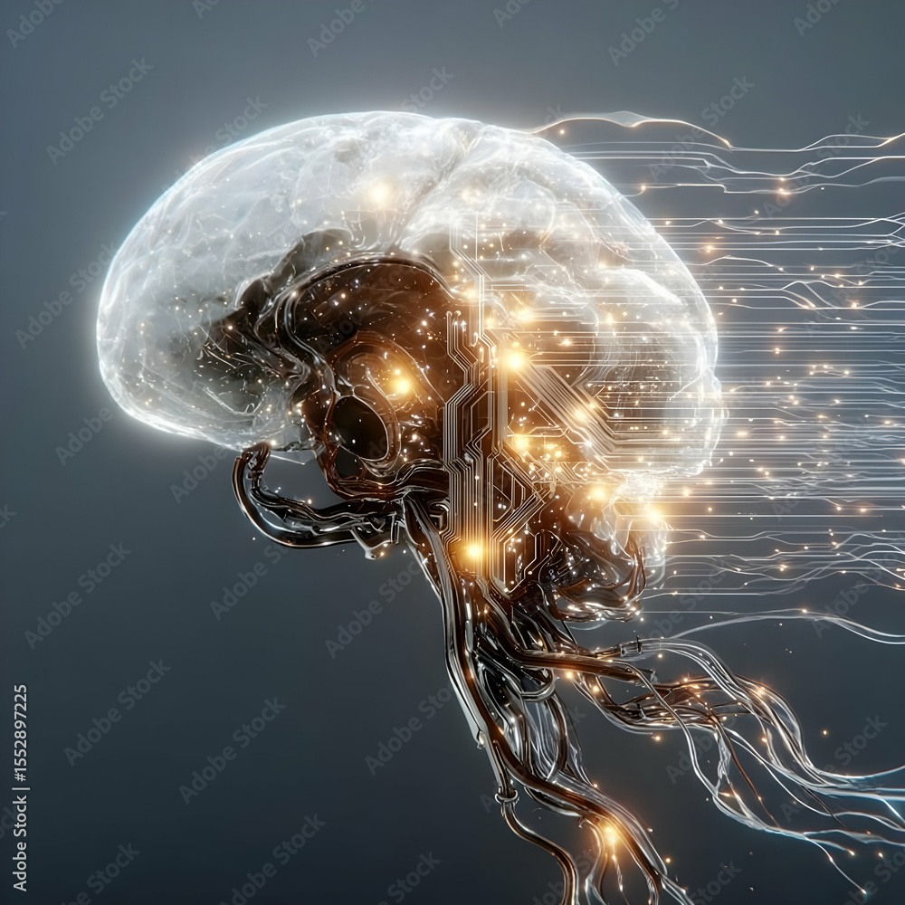 Poster a futuristic digital brain merging with flowing circuits, representing the intertwining of technolog