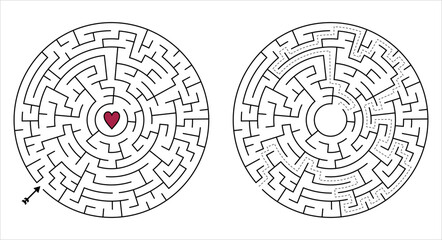Minimalist round maze with heart in center, red black white vector logic puzzle, medium difficulty with solution, love theme