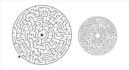 Round maze with star in center, black and white flat vector puzzle, medium difficulty circular logic game with solution