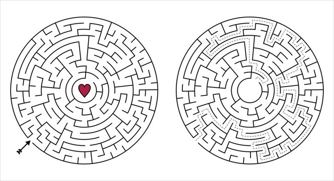 Minimalist round maze with heart in center, red black white vector logic puzzle, medium difficulty with solution, love theme