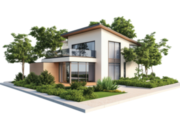 Modern suburban house design featuring large windows and a landscaped yard with greenery, situated in a peaceful neighborhood with clear skies