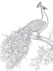 Fototapeta premium Elegant peacock on branch, black and white illustration, artistic