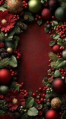 Festive holiday arrangement with red and green ornaments surrounded by greenery and flowers