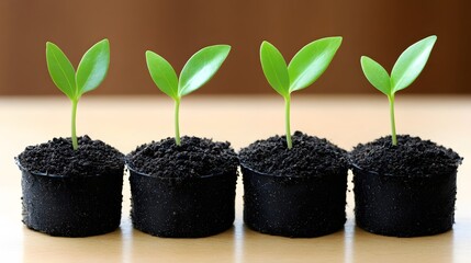 Four Young Seedlings Growing in Pots