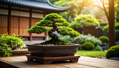 Tranquil Japanese garden with elegant bonsai tree on wooden bench and traditional architecture