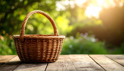 Rustic wicker basket on outdoor wooden table with serene sunlit greenery background