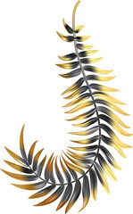 Gold and black palm leaves. Coconut tree branch. Exotic realistic foliage. Abstract botanical decoration for luxury invitation and presentation design.