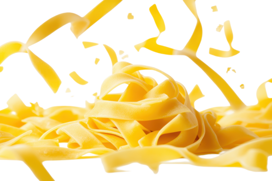 Pasta tagliatelle fettuccine cascading gracefully onto a pristine white background, showcasing its vibrant yellow color and smooth texture as it forms an artistic display