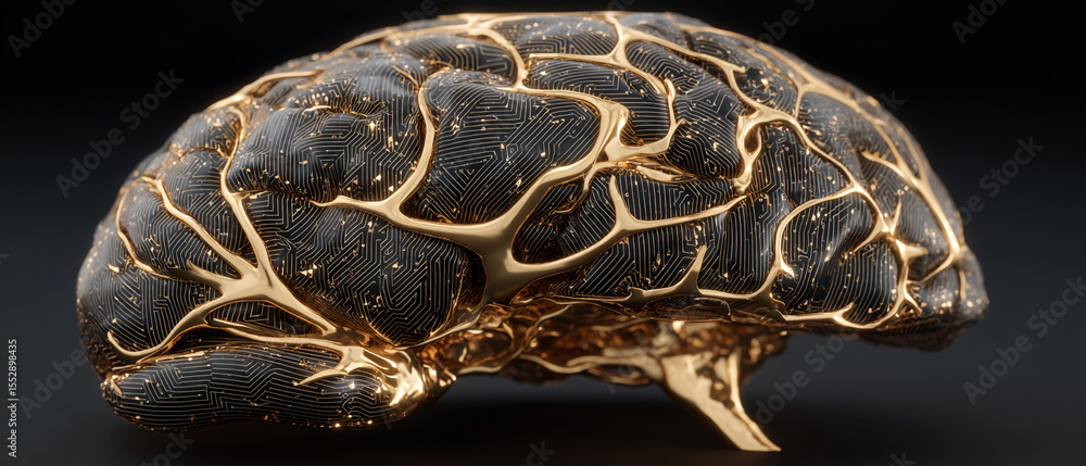 Aufkleber a digital rendering of a brain with golden veins on a dark background view