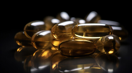 Golden capsules glisten under studio lights, reflecting softly on the glossy black surface. A macro shot of translucent supplements.