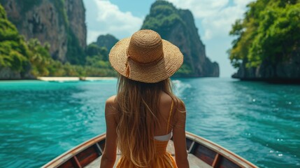 Young woman relaxing on the boat, A woman with straw hat on a boat outside an island resort, wonderful scenery landscape.