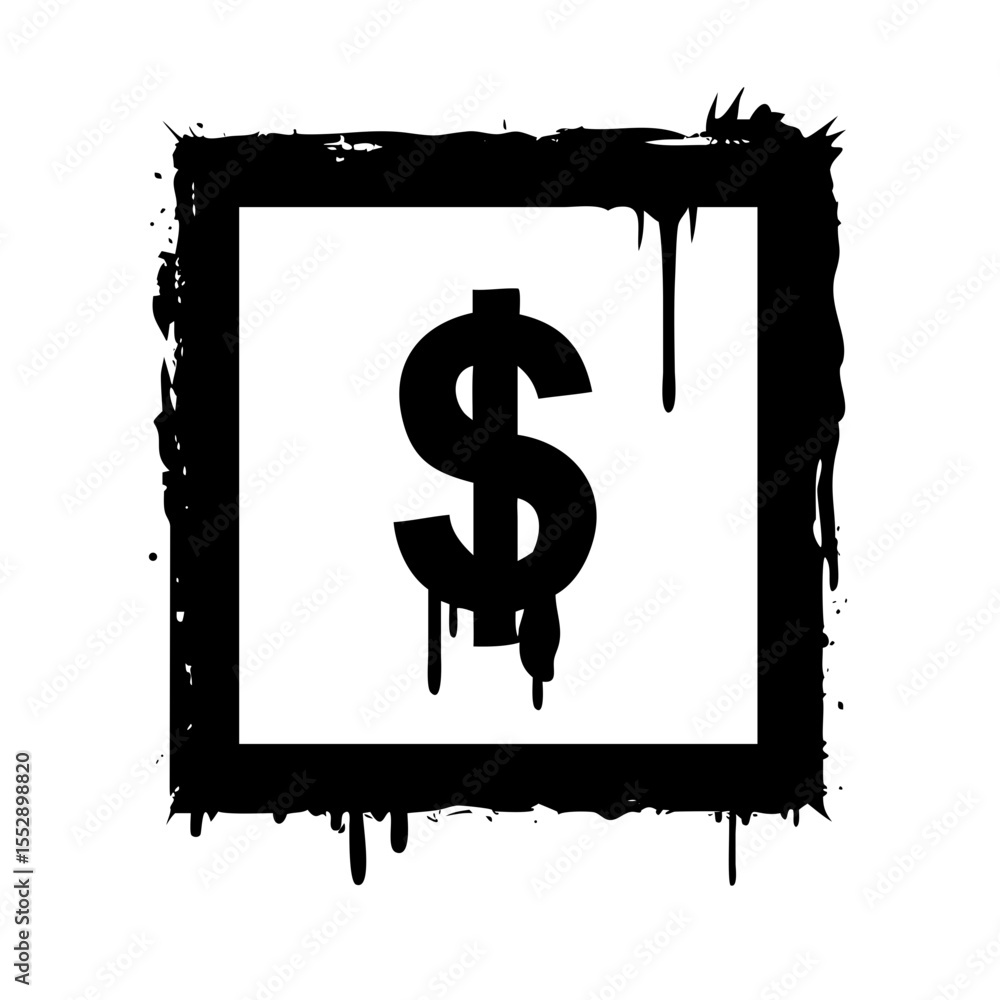 Poster black dollar sign inside a square frame with dripping paint effect on a white background design elem