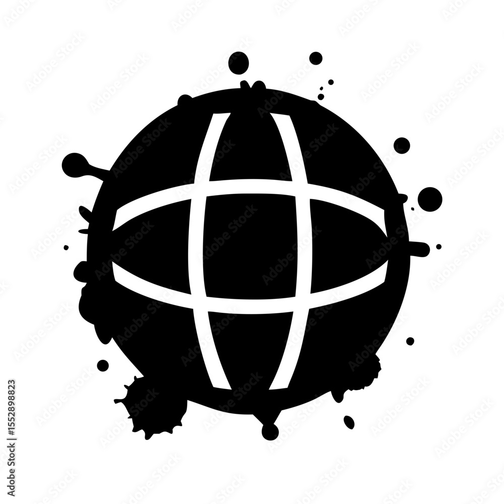 Poster black globe with white grid and ink splatter effect creating a modern abstract design element image