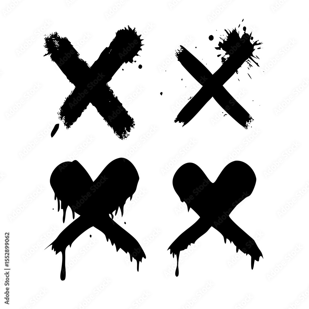 Poster four black abstract x shapes with dripping paint and splatters on a white background design element