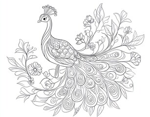 Fototapeta premium Ornate peacock illustration with floral background
