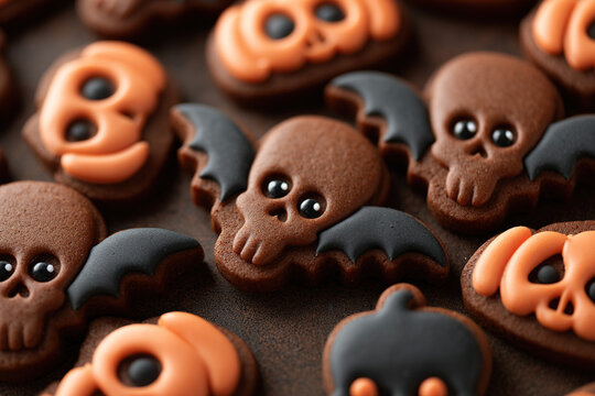 Spooky-sweet treat time! Halloween-themed chocolate sugar cookies decorated with skull and pumpkin shapes. - Powered by Adobe
