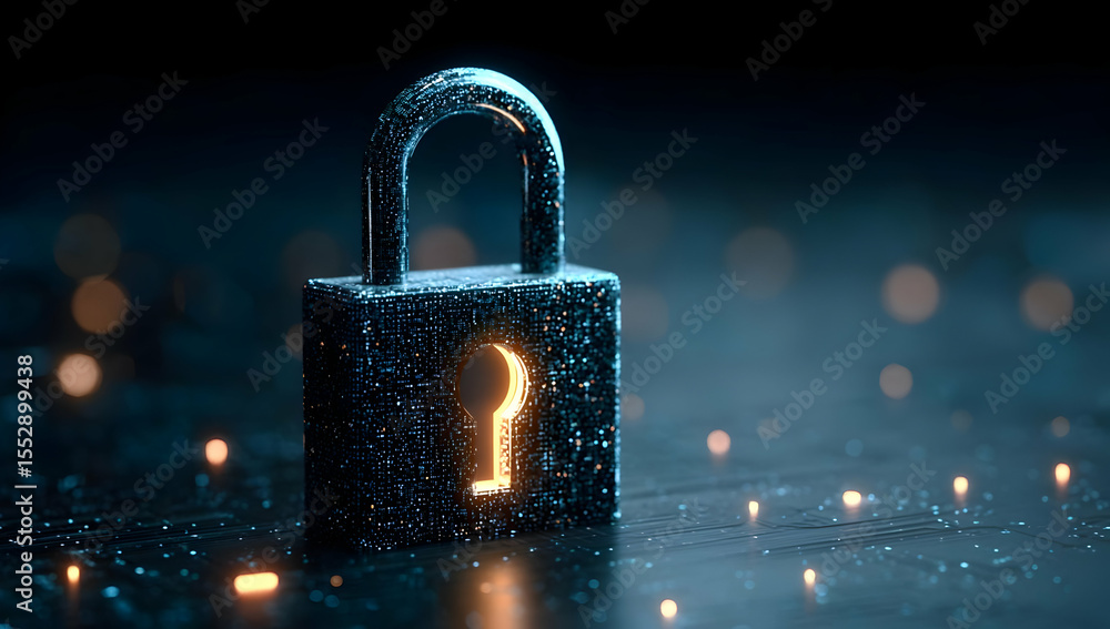 Poster a close-up of a dark padlock with a glowing keyhole, representing security and protection in the dig