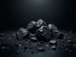 Pile of dark coal rocks on black surface with dramatic lighting