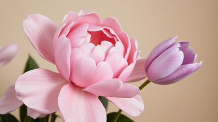 Fototapeta premium Close-up of pink peony and lavender tulip against neutral background