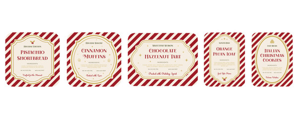 Set of white-and-red Festive Holiday Labels. Good for Christmas bakery, cookies, pastries, seasonal packaging, bakery branding, holiday gifts