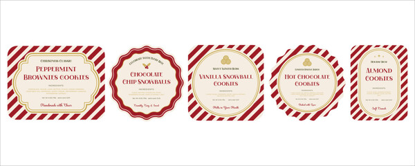 Set of white-and-red Festive Holiday Labels. Good for Christmas bakery, cookies, pastries, seasonal packaging, bakery branding, holiday gifts