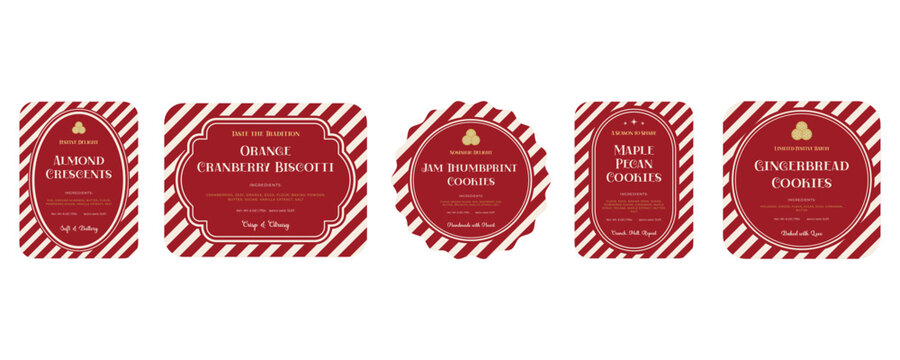 Set of red Festive Holiday Labels. Good for Christmas bakery, cookies, pastries, seasonal packaging, bakery branding, holiday gifts