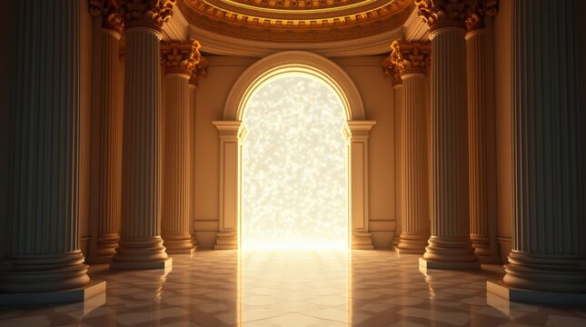 Illuminated ancient archway with glowing light and ornate columns - Powered by Adobe