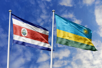 Costa Rica and Rwanda National Flags Waving Harmoniously Under a Clear Blue Sky, Symbolizing Diplomatic Bonds and Global Cooperation.