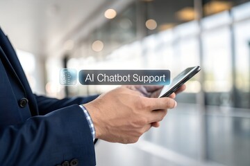 AI assistant interaction, Person using smartphone chatbot powered by artificial intelligence. Virtual assistant apps, smart support systems, machine learning, digital communication concepts.
