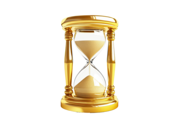 Golden hourglass with flowing sand represents the passage of time, showcasing intricate design and elegance in a minimalist setting during bright illumination
