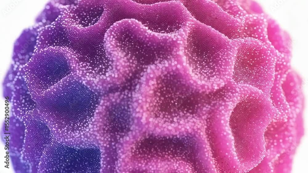 Poster closeup of a 3d rendered abstract sphere with a textured purple and pink gradient