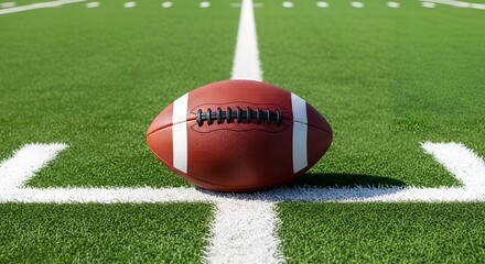 pigskin football on artificial turf field prepared for competitive match

