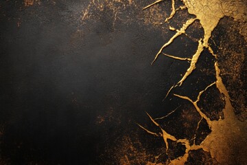 Abstract a black background with gold splatters and cracks. , background.