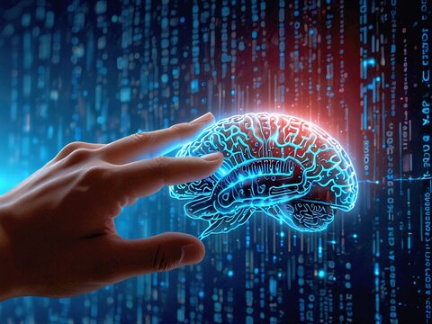 hand with binary code background and tech made brain 